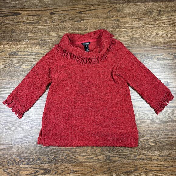 Ali Miles Sweater Womens Small Red Fringe Cowl Neck 3/4 Sleeve Textured Pullover - Picture 1 of 7